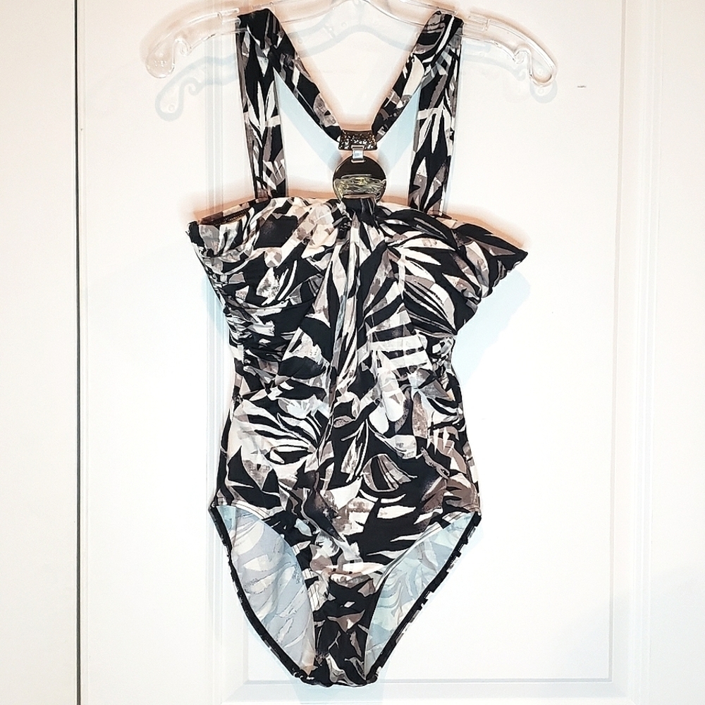 Dreamsuit Bead Halter Black Tropical Palm One Piece Swimsuit 10